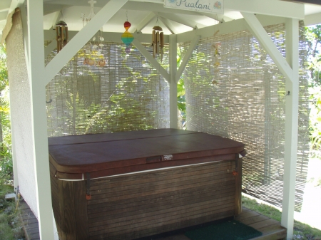 Private hot tub in gazebo in the yard at Pualani in Kapoho, Big Island Hawaii