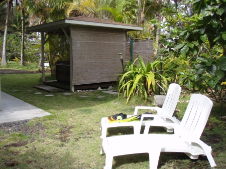 Lounge chairs and hot tub at Pualani in Kapoho, Hawaii